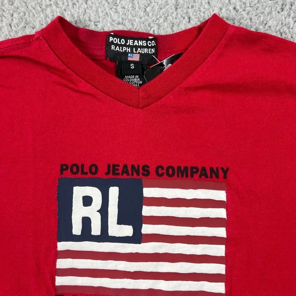 Polo Jeans‎ Co Ralph Lauren Kids Red V-Neck T-Shirt US Size S VTG NWT